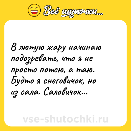 Шутка: В лютую жару начинаю подозревать, что я не просто потею, а таю. Будто я снеговичок, но из сала. Саловичок...