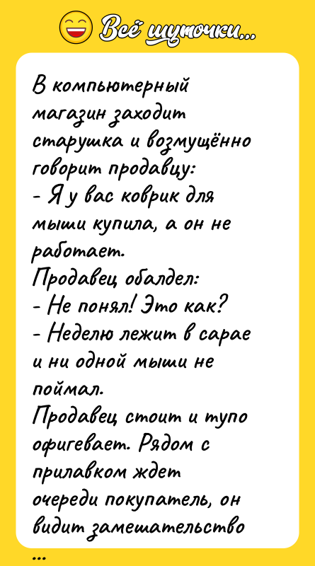 В компьютерный магазин заходит старушка и возмущённо говорит продавцу: -