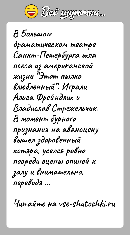 История: В Большом драматическом театре Санкт-Петербурга шла пьеса из американской жизни Этот пылко влюбленный . Играли Алиса Фрейндлих и Владислав Стрежельчик.В момент