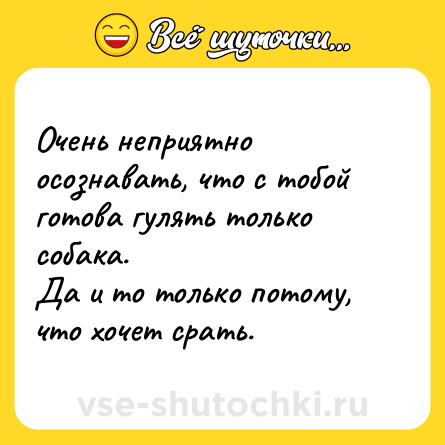 Шутка: Очень неприятно осознавать, что с тобой готова гулять только собака.<br>Да и то только потому, что хочет срать.