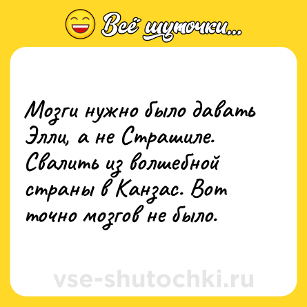 Шутка: Мозги нужно было давать Элли, а не Страшиле. Свалить из волшебной страны в Канзас. Вот точно мозгов не было.