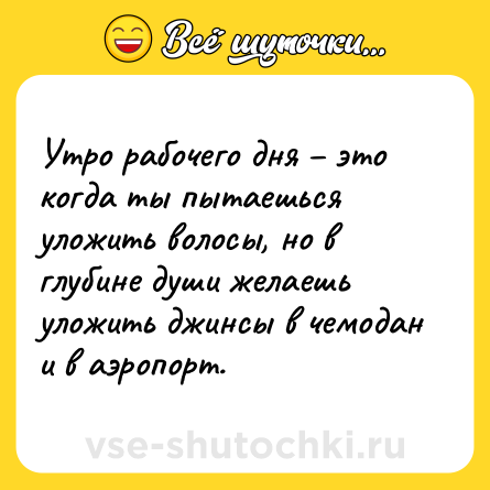 Шутка: Утро рабочего дня – это когда ты пытаешься уложить волосы, но в глубине души желаешь уложить джинсы в чемодан и в аэропорт.