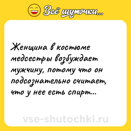 Шутка: Женщина в костюме медсестры возбуждает мужчину, потому что он подсознательно считает, что у нее есть спирт...