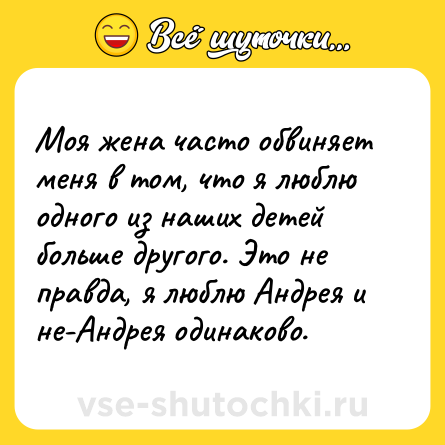 Шутка: Моя жена часто обвиняет меня в том, что я люблю одного из наших детей больше другого. Это не правда, я люблю Андрея и не-Андрея одинаково.