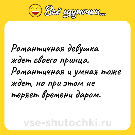 Шутка: Романтичная девушка ждет своего принца. Романтичная и умная тоже ждет, но при этом не теряет времени даром.