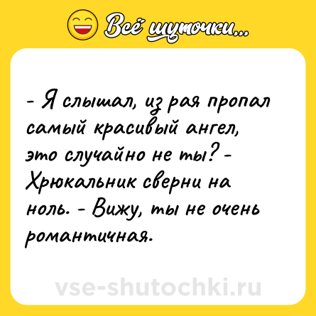 Шутка: - Я слышал, из рая пропал самый красивый ангел, это случайно не ты? - Хрюкальник сверни на ноль. - Вижу, ты не очень романтичная.