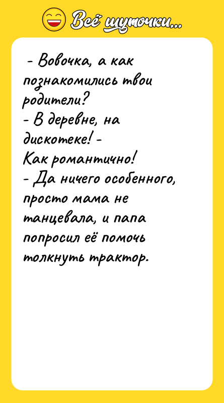  - Вовочка, а как познакомились твои родители?  -