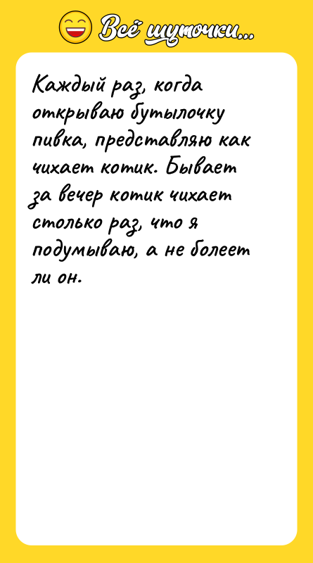 Каждый раз, когда открываю бутылочку пивка, представляю как чихает котик.