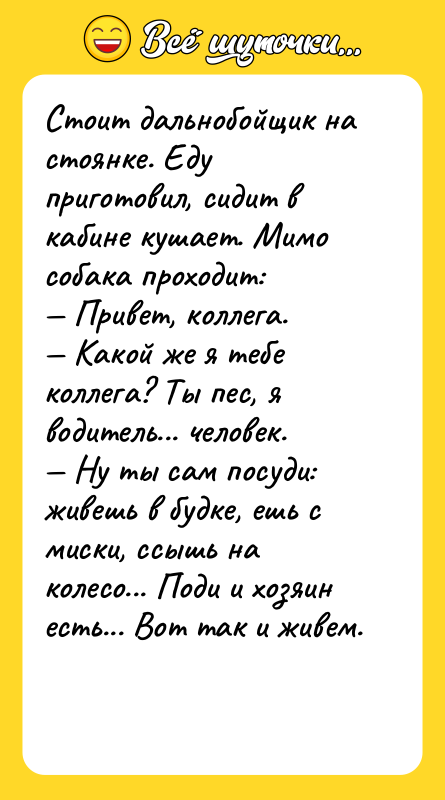 Стоит дальнобойщик на стоянке. Еду приготовил, сидит в кабине кушает.