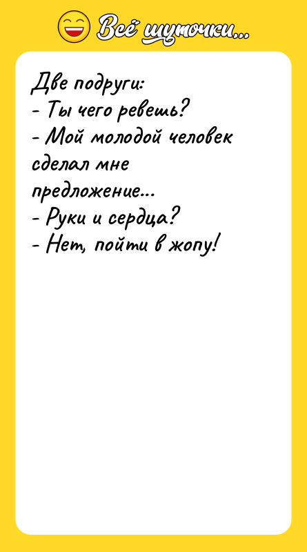 Две подруги: - Ты чего ревешь? - Мой молодой человек