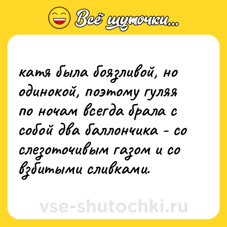 Шутка: катя была боязливой, но одинокой, поэтому гуляя по ночам всегда брала с собой два баллончика - со слезоточивым газом и со взбитыми сливками.