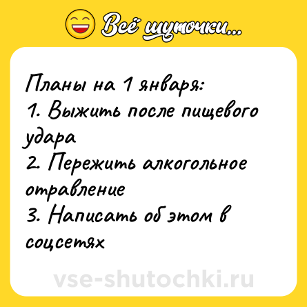 Шутка: Планы на 1 января: <br>1. Выжить после пищевого удара <br>2. Пережить алкогольное отравление <br>3. Написать об этом в соцсетях