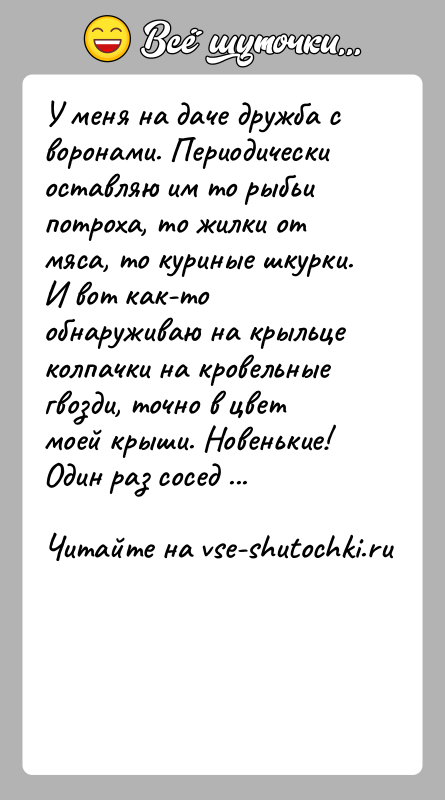 История: У меня на даче дружба с воронами. Периодически оставляю им то рыбьи потроха, то жилки от мяса, то куриные шкурки.И