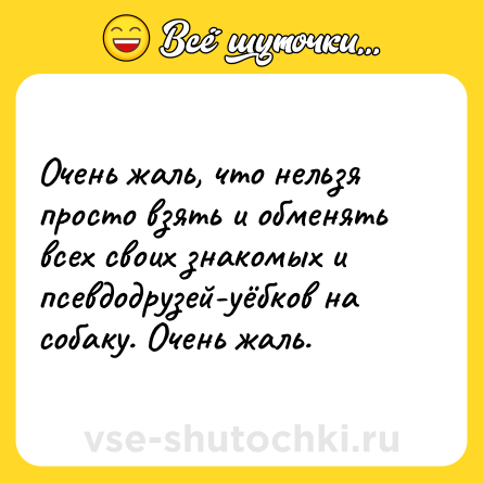 Шутка: Очень жаль, что нельзя просто взять и обменять всех своих знакомых и псевдодрузей-уёбков на собаку. Очень жаль.