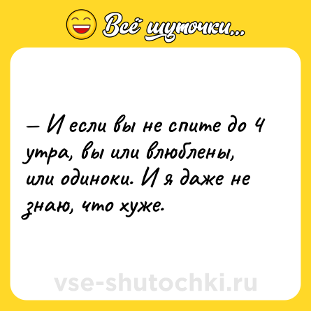 Шутка: — И если вы не спите до 4 утра, вы или влюблены, или одиноки. И я даже не знаю, что хуже.