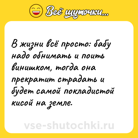 Шутка: В жизни всё просто: бабу надо обнимать и поить винишком, тогда она прекратит страдать и будет самой покладистой кисой на земле.
