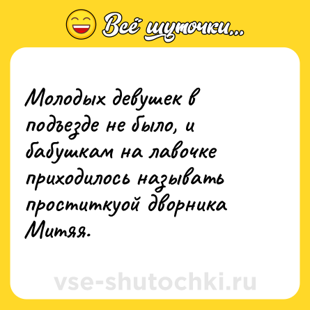 Шутка: Молодых девушек в подъезде не было, и бабушкам на лавочке приходилось называть проститкуой дворника Митяя.