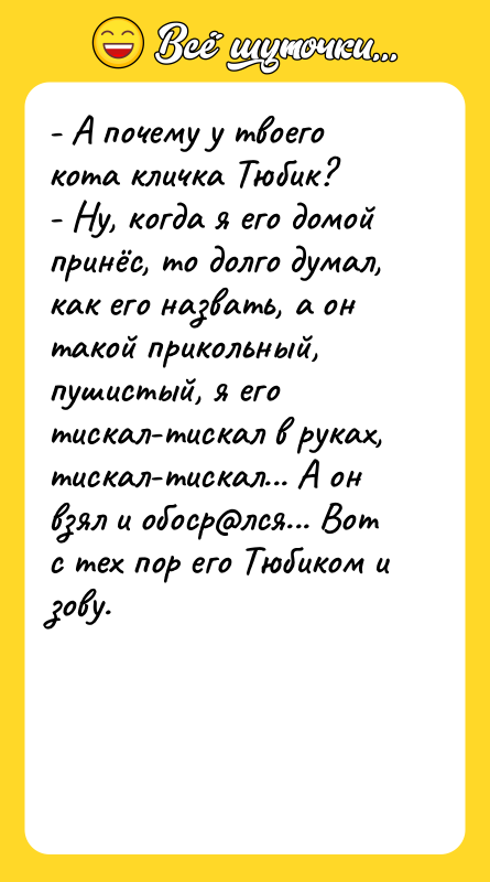 - А почему у твоего кота кличка Тюбик? -