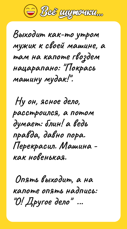 Выходит как-то утром мужик к своей машине, а там на