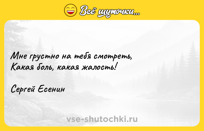 Цитата: Мне грустно на тебя смотреть, Какая боль, какая жалость!Сергей Есенин