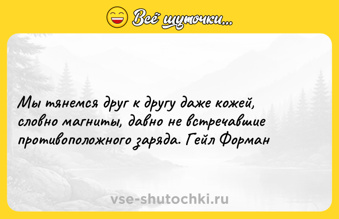 Цитата: Мы тянемся друг к другу даже кожей, словно магниты, давно не встречавшие противоположного заряда. Гейл Форман
