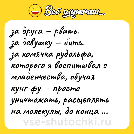 Шутка: за друга — рвать. <br>за девушку — бить.<br>за хомячка рудольфа, которого я воспитывал с младенчества, обучая кунг-фу — просто уничтожать, расщеплять на молекулы, до конца стирать с лица вселенной, никто не смеет трогать рудольфа и его шапочку из огурца.
