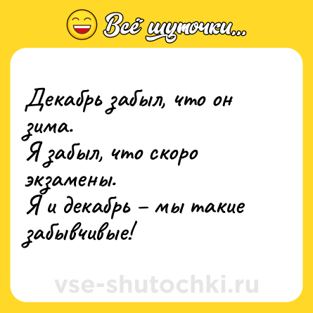 Шутка: Декабрь забыл, что он зима. <br>Я забыл, что скоро экзамены. <br>Я и декабрь – мы такие забывчивые!