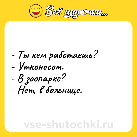 Шутка: - Ты кем работаешь?<br>- Утконосом.<br>- В зоопарке?<br>- Нет, в больнице.