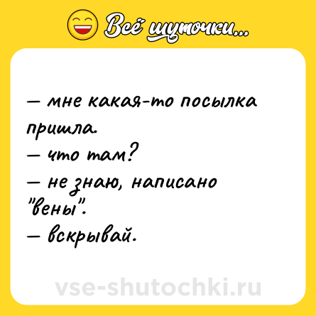 Шутка: — мне какая-то посылка пришла. <br>— что там? <br>— не знаю, написано 