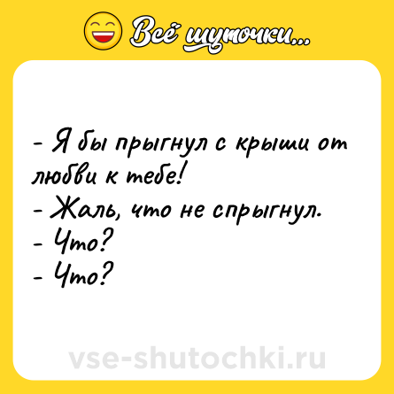Шутка: - Я бы прыгнул с крыши от любви к тебе! <br>- Жаль, что не спрыгнул. <br>- Что? <br>- Что?