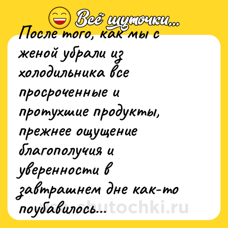 Шутка: После того, как мы с женой убрали из холодильника все просроченные и протухшие продукты, прежнее ощущение благополучия и уверенности в завтрашнем дне как-то поубавилось…