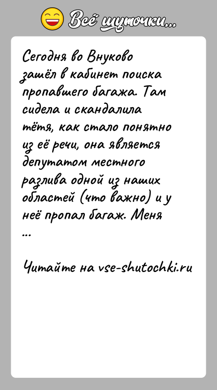 История: Сегодня во Внуково зашёл в кабинет поиска пропавшего багажа. Там сидела и скандалила тётя, как стало понятно из её речи,