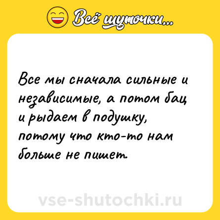 Шутка: Все мы сначала сильные и независимые, а потом бац и рыдаем в подушку, потому что кто-то нам больше не пишет.