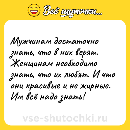 Шутка: Мужчинам достаточно знать, что в них верят. Женщинам необходимо знать, что их любят. И что они красивые и не жирные. Им всё надо знать!
