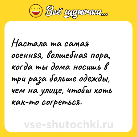 Шутка: Настала та самая осенняя, волшебная пора, когда ты дома носишь в три раза больше одежды, чем на улице, чтобы хоть как-то согреться.