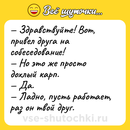 Шутка: — Здравствуйте! Вот, привел друга на собеседование! <br>— Но это же просто дохлый карп. <br>— Да.<br>— Ладно, пусть работает, раз он твой друг.