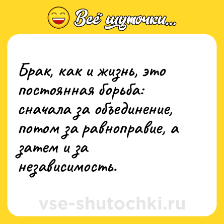 Шутка: Брак, как и жизнь, это постоянная борьба: сначала за объединение, потом за равноправие, а затем и за независимость.