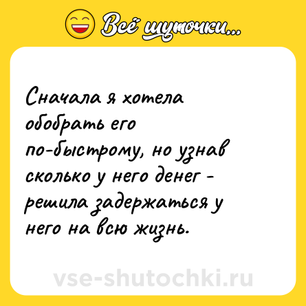 Шутка: Сначала я хотела обобрать его по-быстрому, но узнав сколько у него денег - решила задержаться у него на всю жизнь.
