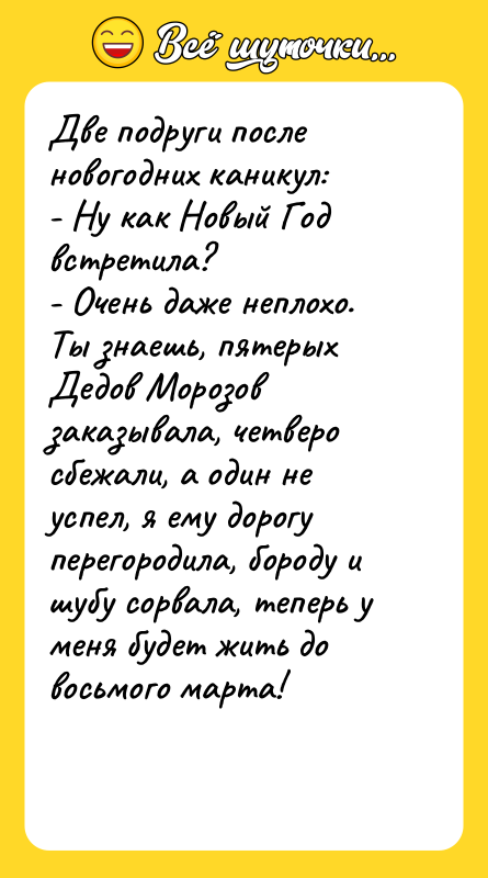 Две подруги после новогодних каникул: - Ну как Новый Год