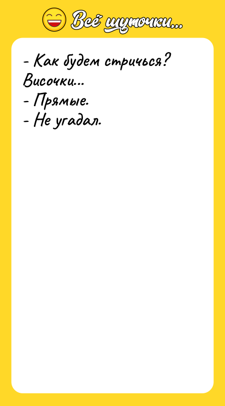 - Как будем стричься? Височки... - Прямые. - Не угадал.