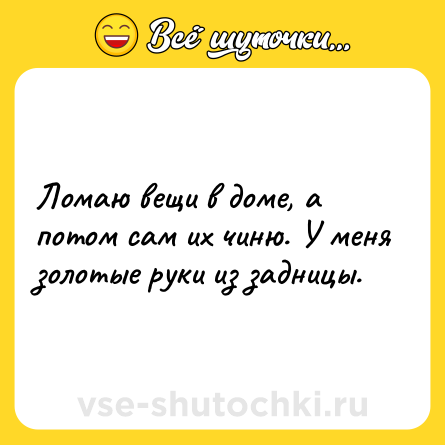 Шутка: Ломаю вещи в доме, а потом сам их чиню. У меня золотые руки из задницы.