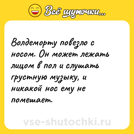 Шутка: Волдеморту повезло с носом. Он может лежать лицом в пол и слушать грустную музыку, и никакой нос ему не помешает.
