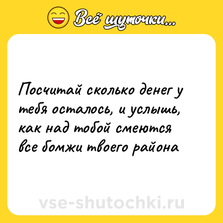 Шутка: Посчитай сколько денег у тебя осталось, и услышь, как над тобой смеются все бомжи твоего района