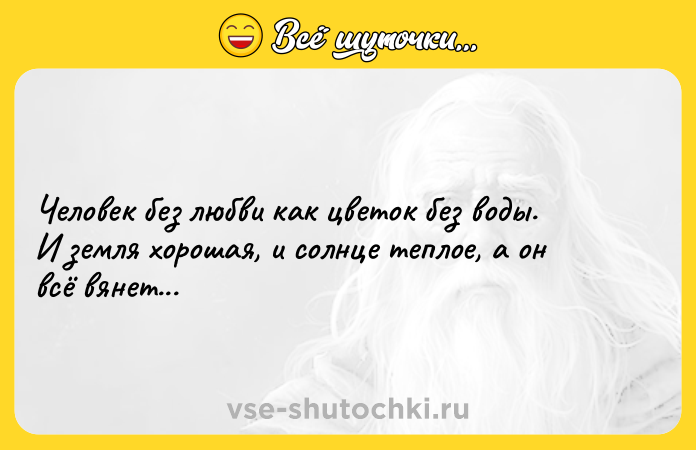 Цитата: Человек без любви как цветок без воды. И земля хорошая, и солнце теплое, а он всё вянет...