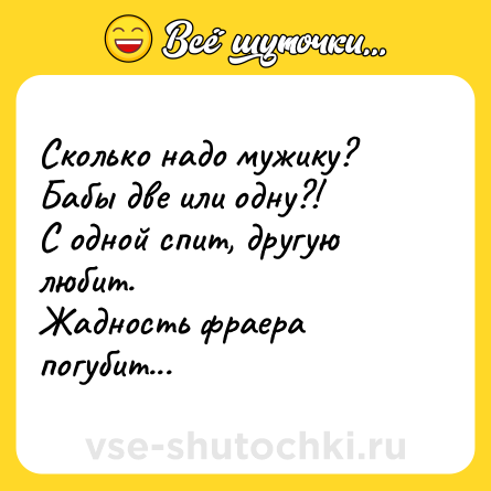 Шутка: Сколько надо мужику?<br>Бабы две или одну?!<br>С одной спит, другую любит.<br>Жадность фраера погубит...