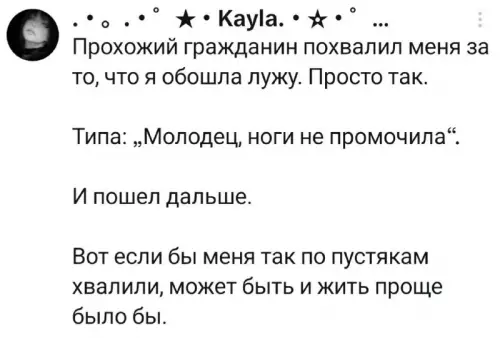 Хвалите меня за мелочи! 😂 - Прохожий гражданин похвалил меня за то, что я обошла лужу.
