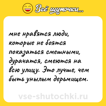 Шутка: мне нравятся люди, которые не боятся показаться смешными, дурачатся, смеются на всю улицу. Это лучше, чем быть унылым дерьмищем.