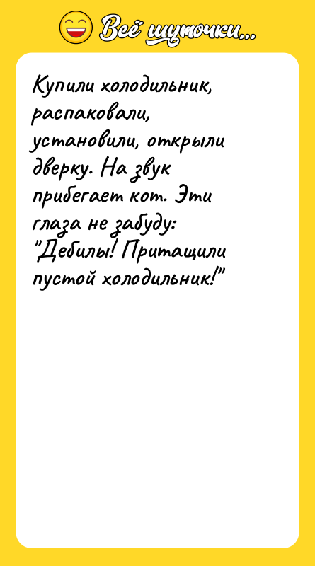 Купили холодильник, распаковали, установили, открыли дверку. На звук прибегает кот.