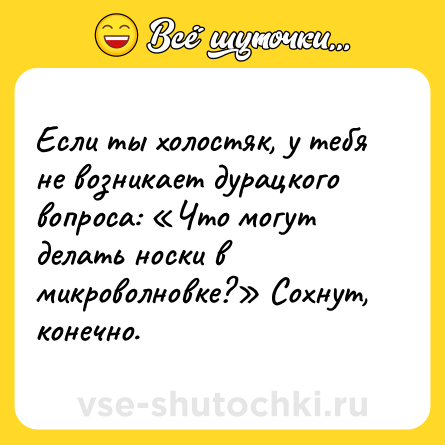 Шутка: Если ты холостяк, у тебя не возникает дурацкого вопроса: «Что могут делать носки в микроволновке?» Сохнут, конечно.