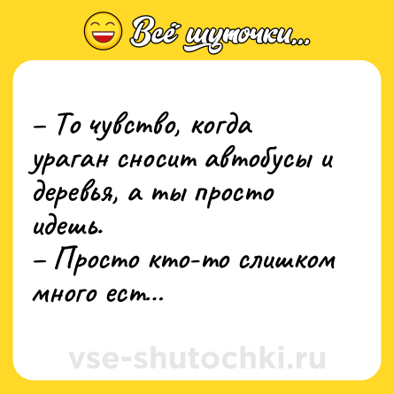 Шутка: То чувство, когда ураган сносит автобусы и деревья, а ты просто идешь. Просто кто-то слишком много ест